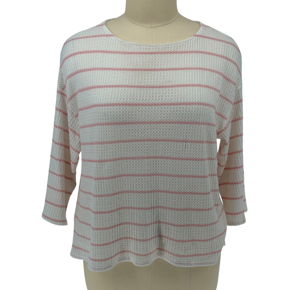 SPLA Waffle Knit Top White Pink Striped 3/4 Sleeve Scoop Neck 3XL